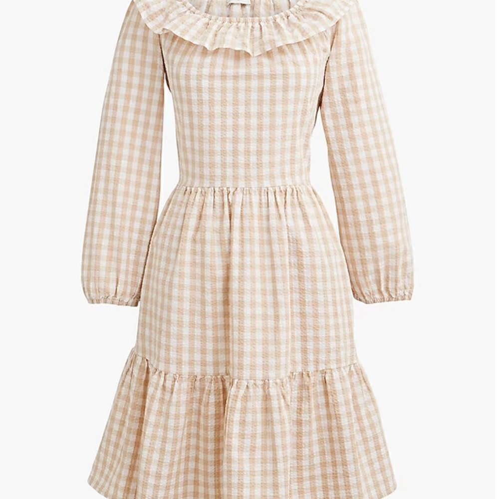 J. Crew Gingham Ruffleneck Mini dress, Light Khaki, Cottagecore, Tan White - Picture 2 of 5